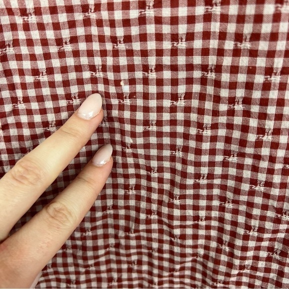 LOGO by Lori Goldstein red plaid two tone ruffle long sleeve button up shirt